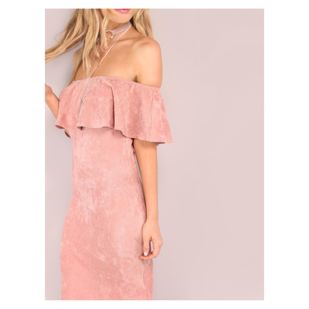 Pink Faux Suede Off the Shoulder Ruffle Midi Dress - Picture 4 of 4